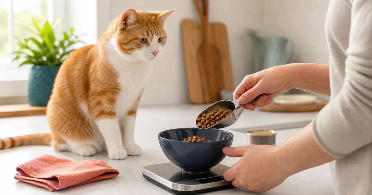 Orange-and-white indoor cat watching an owner weigh a measured portion of dry food on a kitchen scale