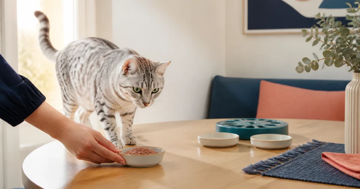Silver spotted indoor cat approaching a freshly served small meal with a closed puzzle feeder nearby