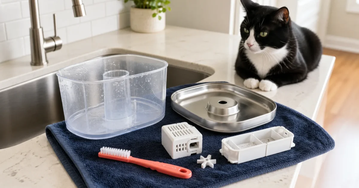 Disassembled cat water fountain parts and cleaning brush beside a kitchen sink with a tuxedo cat nearby