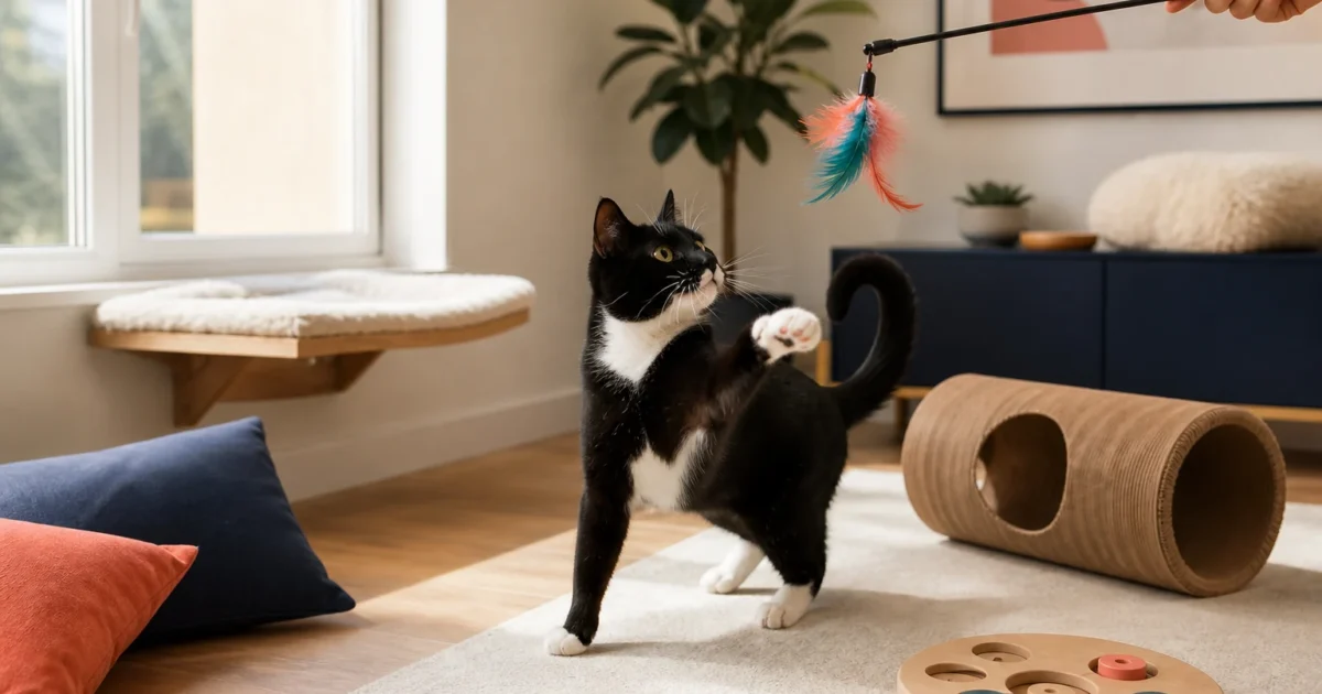 Tuxedo cat playing with a supervised wand toy in a cat-friendly room with a tunnel, puzzle feeder, and window perch