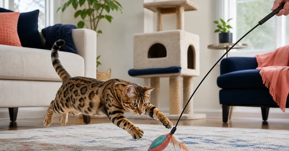 Athletic Bengal cat pouncing toward a supervised wand toy close to the floor on a non-slip rug