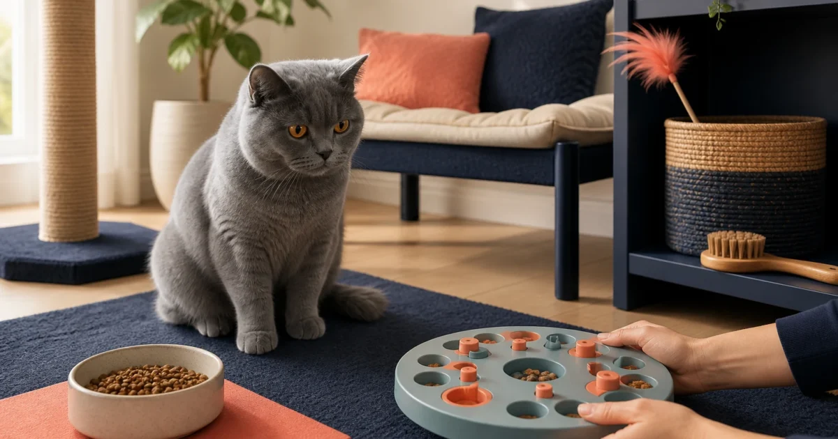 Blue-gray indoor cat near a measured meal, food puzzle, grooming brush, scratching post, and elevated bed