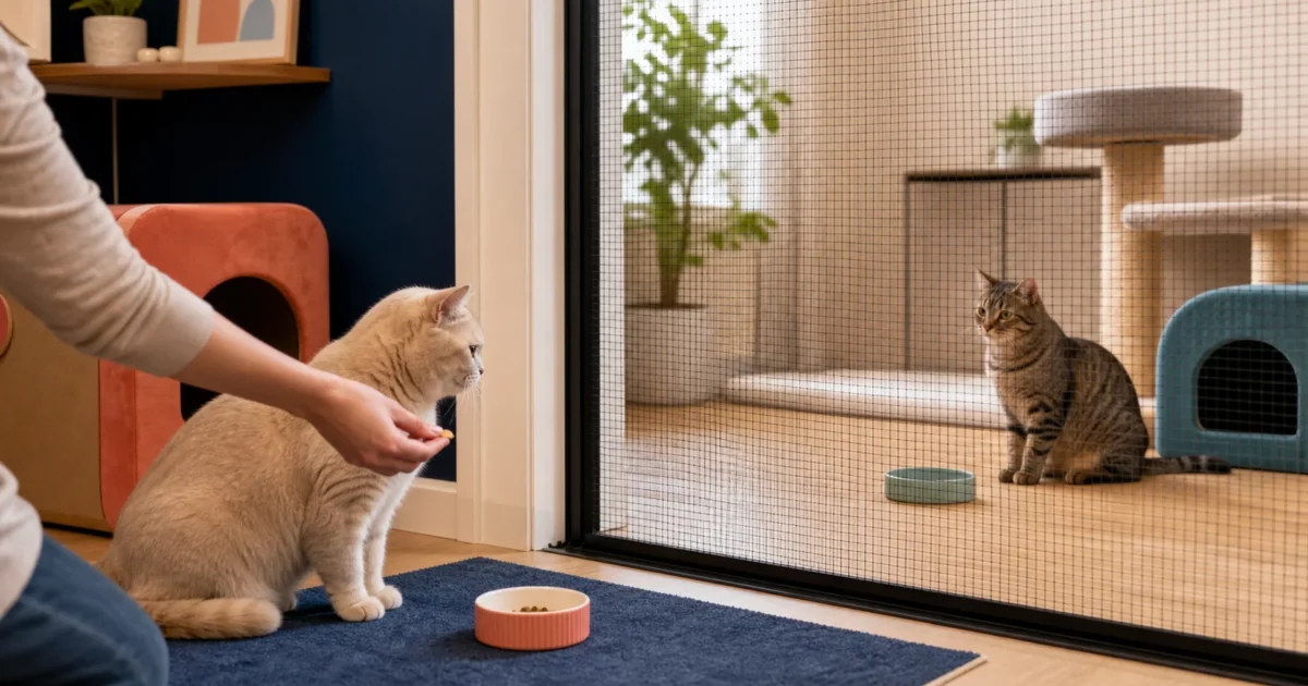 Two relaxed cats observing each other from separate rooms through a secure full-height mesh barrier