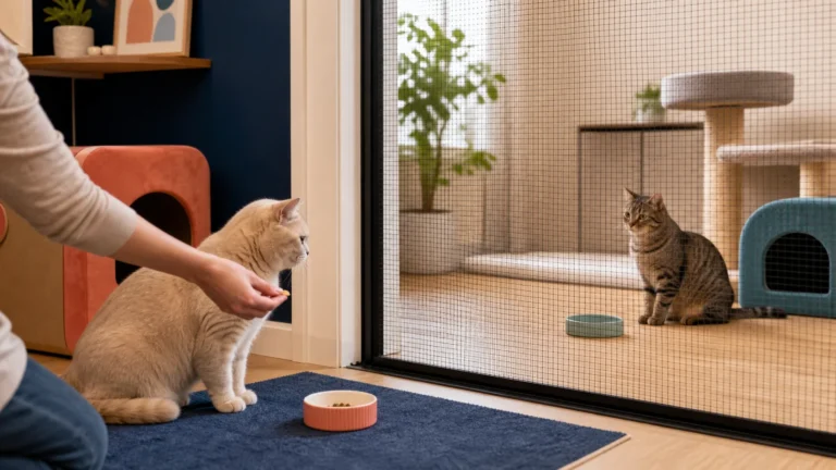 Two relaxed cats observing each other from separate rooms through a secure full-height mesh barrier