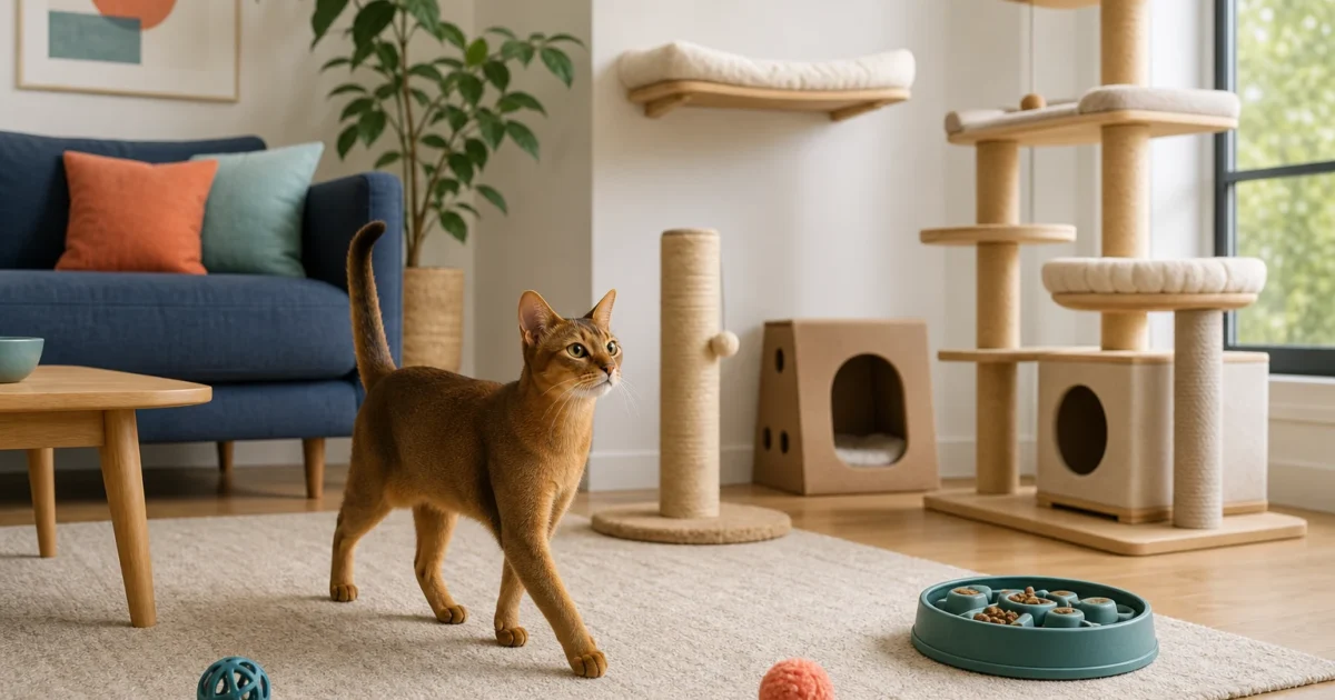 Abyssinian cat exploring an enriched indoor living room with a cat tree, scratching post, hideaway, perch, and food puzzle