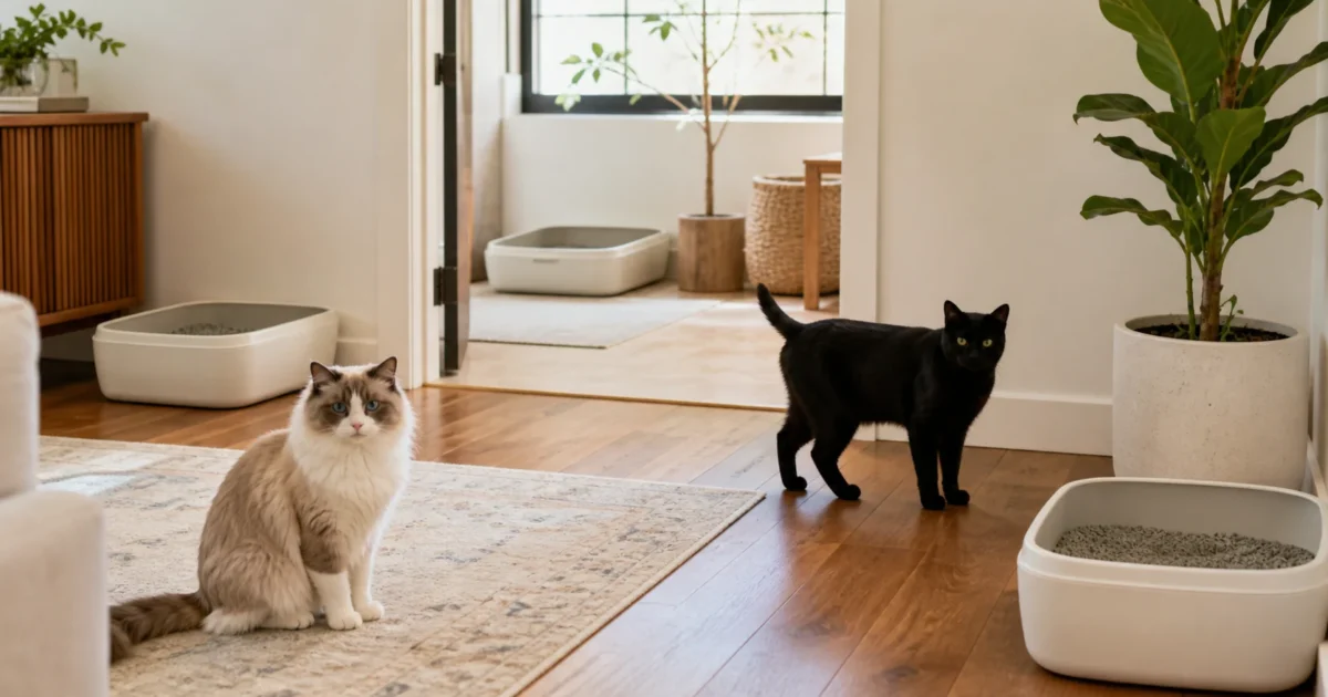 Ragdoll and black domestic shorthair with three litter boxes in separate apartment locations
