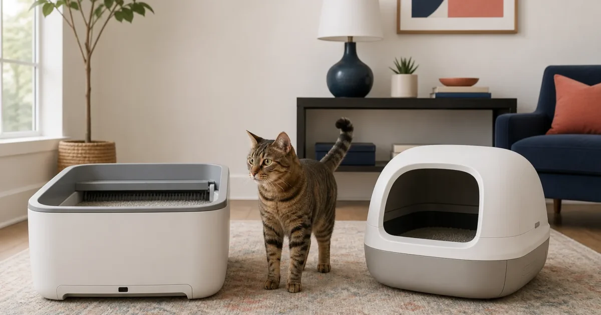 Tabby cat between open-top and enclosed unbranded automatic litter box designs