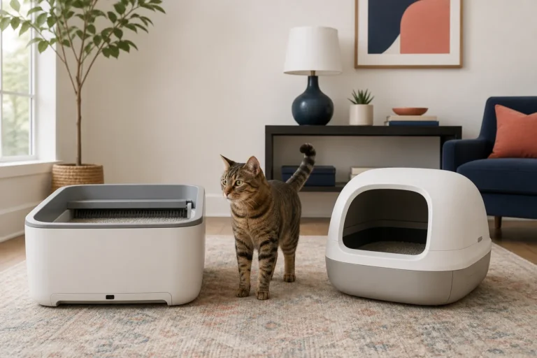 Tabby cat between open-top and enclosed unbranded automatic litter box designs