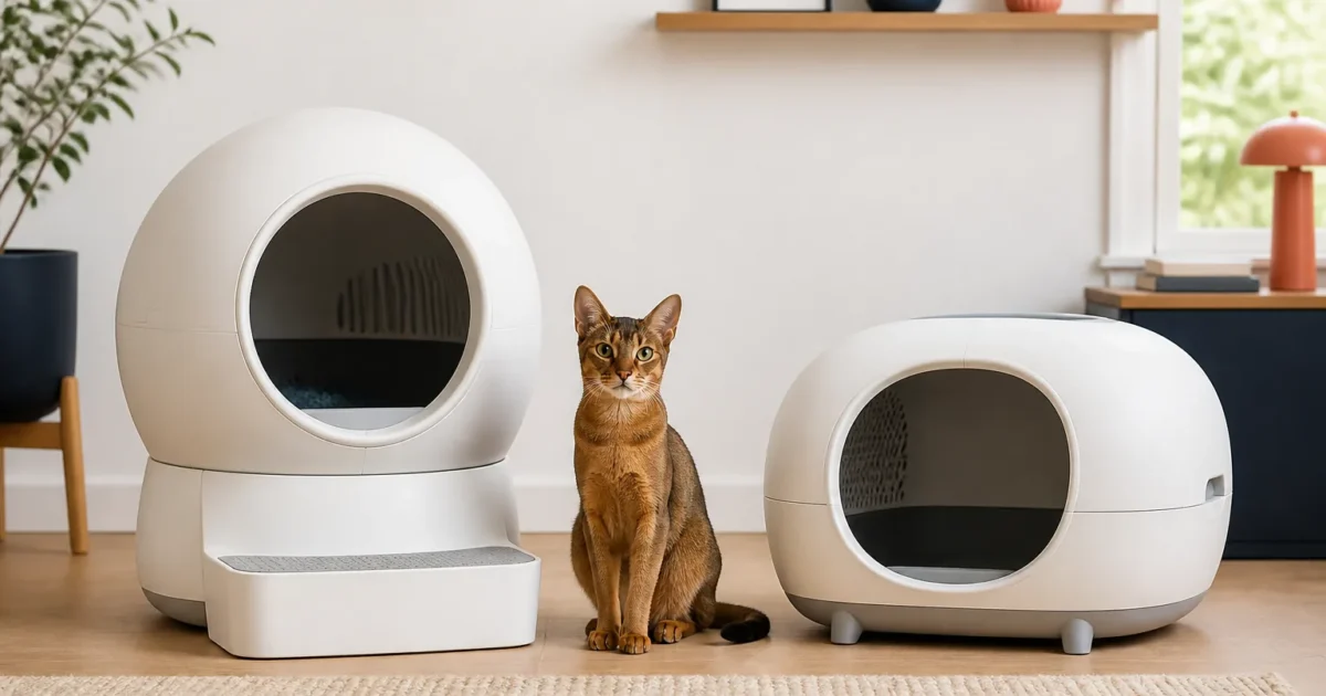 Abyssinian cat between tall globe-style and low-profile unbranded automatic litter boxes