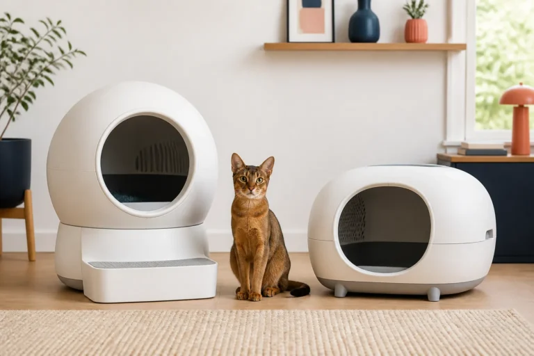 Abyssinian cat between tall globe-style and low-profile unbranded automatic litter boxes