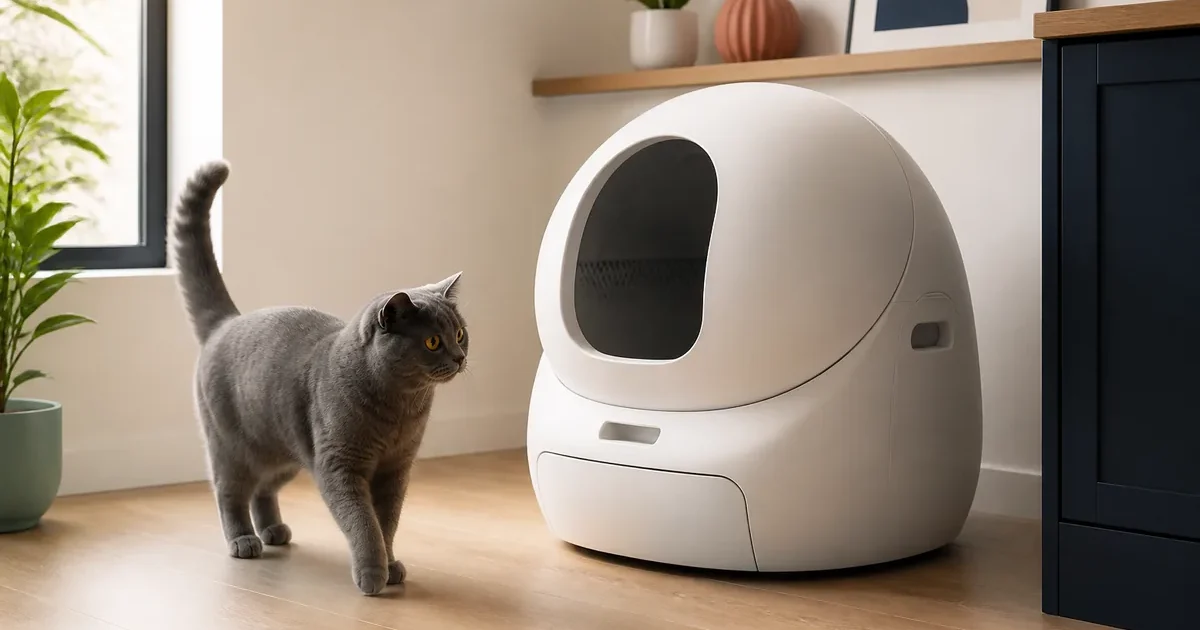 British Shorthair cat approaching a large unbranded automatic litter box on a hard floor