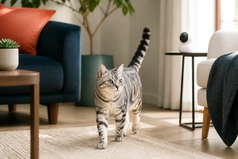 Silver tabby cat walking through a modern room monitored by a small unbranded pet camera
