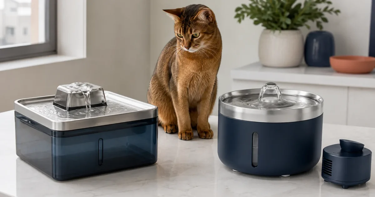 Abyssinian cat examining two different smart cat water fountain designs