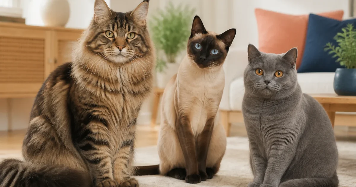 Three distinct popular cat types sitting together in a modern home