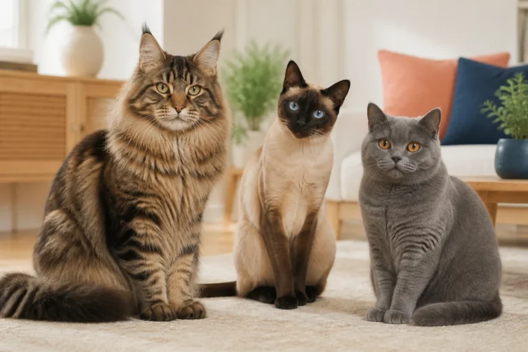 Three distinct popular cat types sitting together in a modern home