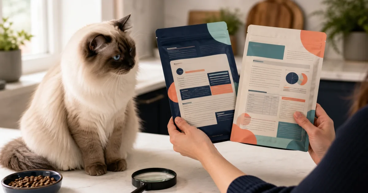 Ragdoll cat beside an owner comparing the information panels on two unbranded cat food packages