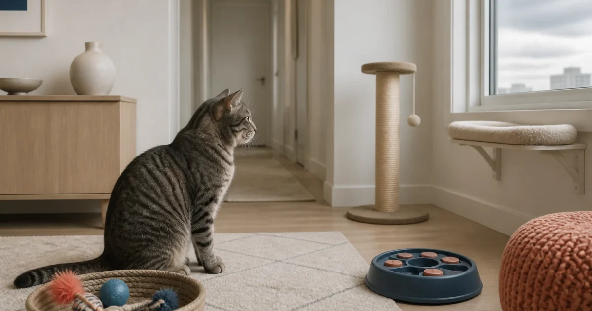 Alert gray tabby cat beside an unused toy basket and food puzzle in a quiet indoor hallway
