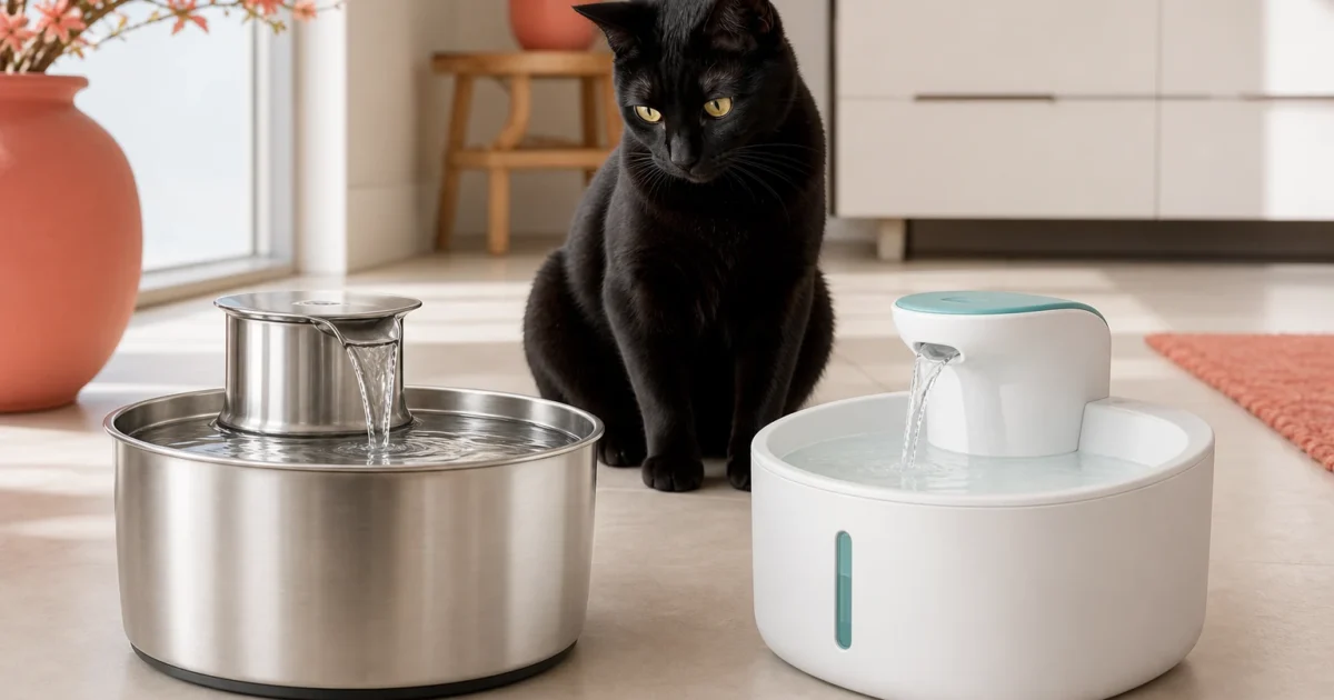 Black cat comparing an unbranded stainless-steel water fountain and a white plastic cat fountain in a modern home