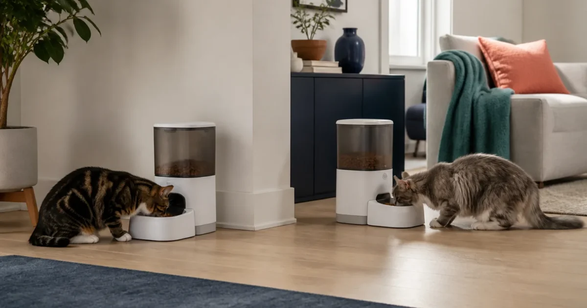 Two indoor cats eating calmly at separate unbranded automatic feeders in a modern apartment