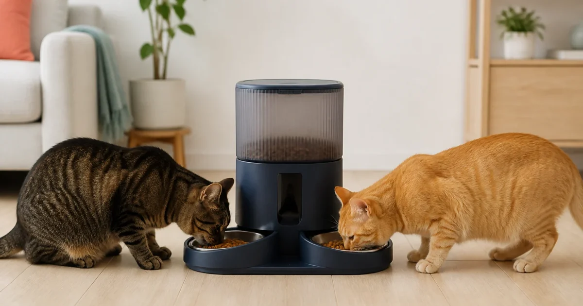 Two cats eating from separate bowls on one automatic feeder