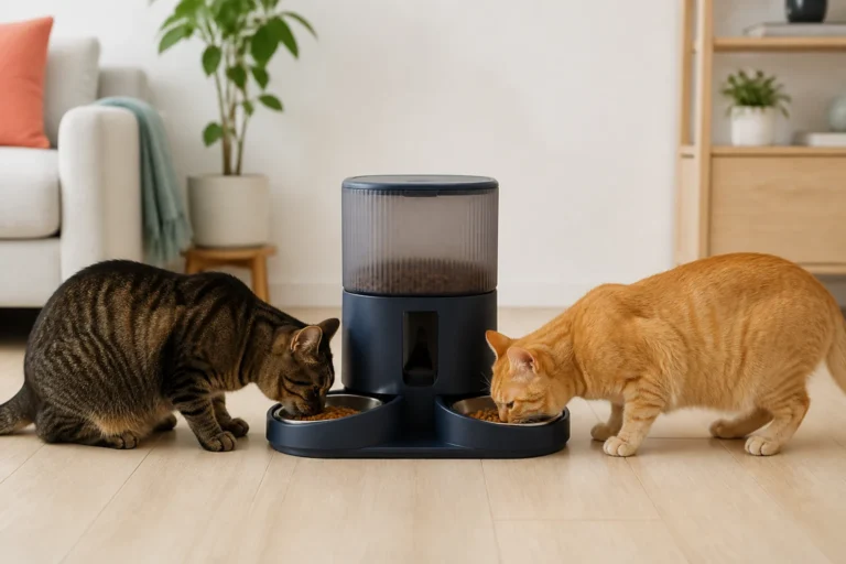Two cats eating from separate bowls on one automatic feeder