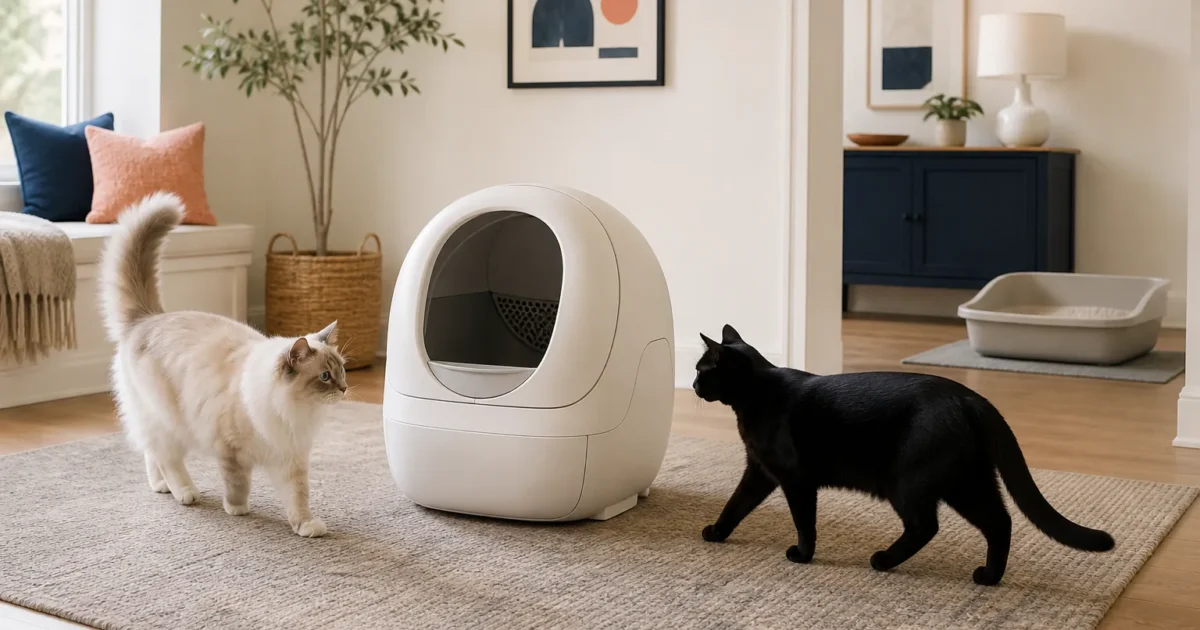 Ragdoll and black cat approaching an unbranded automatic litter box with a traditional backup box in another area