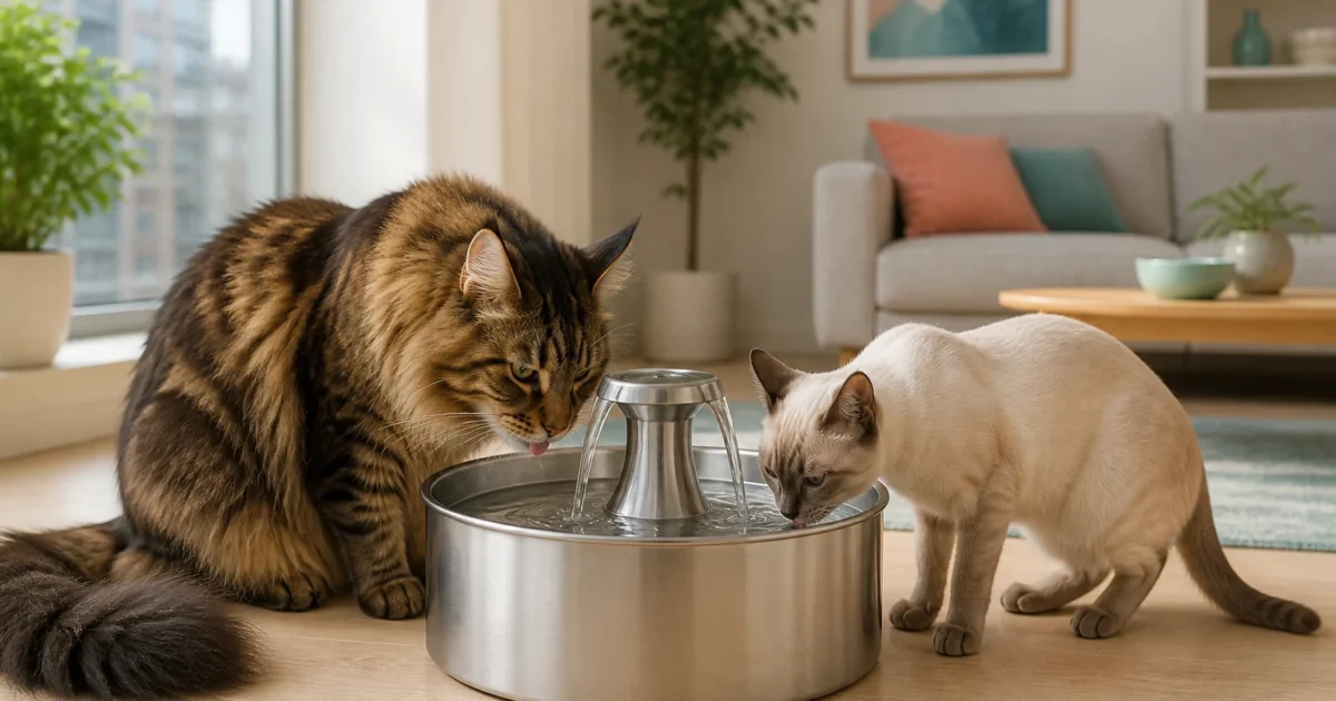Maine Coon and Siamese-mix cats drinking from opposite sides of an unbranded 360-degree stainless-steel water fountain