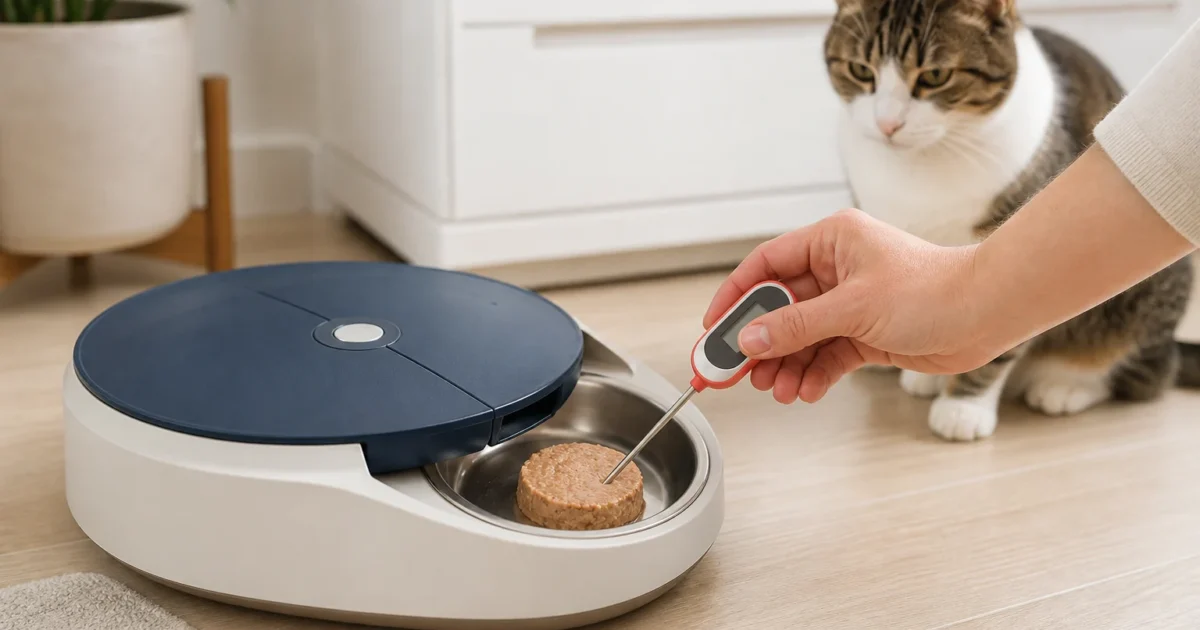 Owner checking wet cat food temperature in an automatic tray feeder