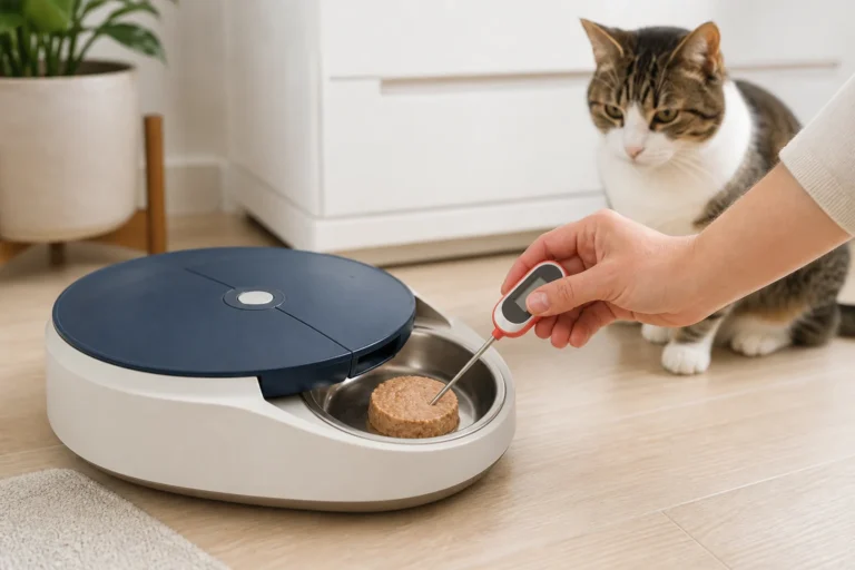 Owner checking wet cat food temperature in an automatic tray feeder