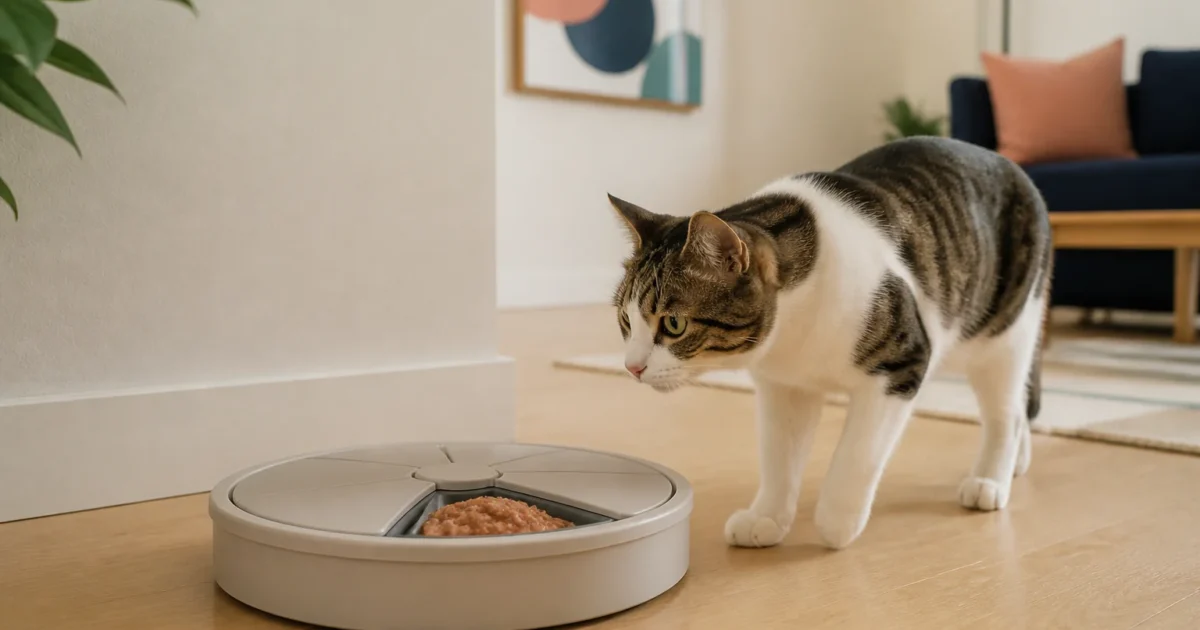 Indoor cat approaching an automatic wet-food tray feeder in a modern living room