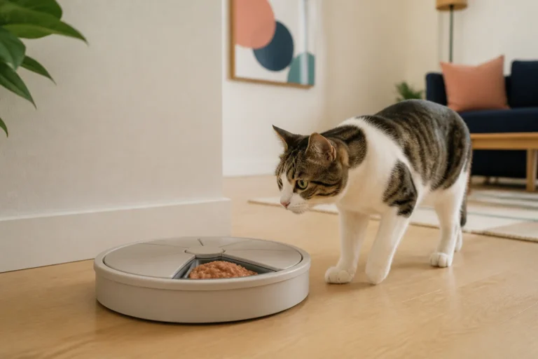 Indoor cat approaching an automatic wet-food tray feeder in a modern living room