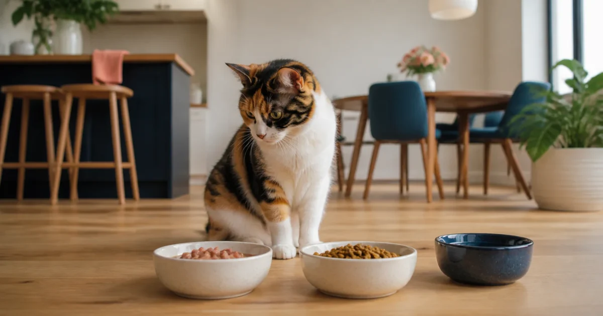 Calico cat considering separate bowls of wet and dry cat food with fresh water nearby