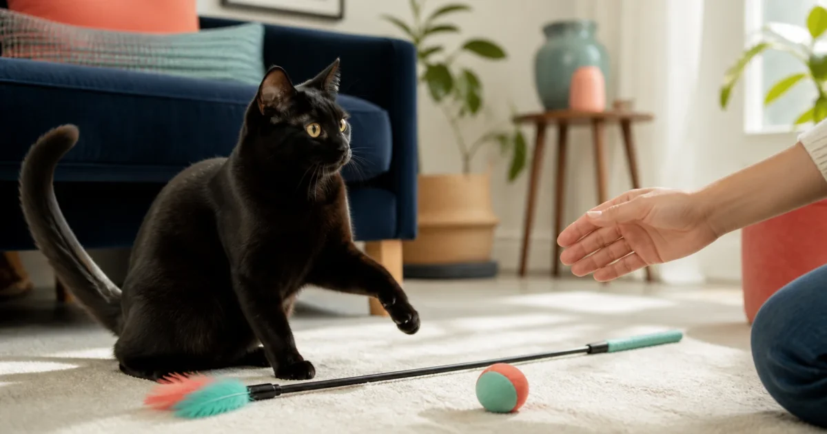 Alert black indoor cat near a safely withdrawn hand with wand and toss toys available for redirection