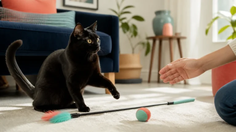 Alert black indoor cat near a safely withdrawn hand with wand and toss toys available for redirection