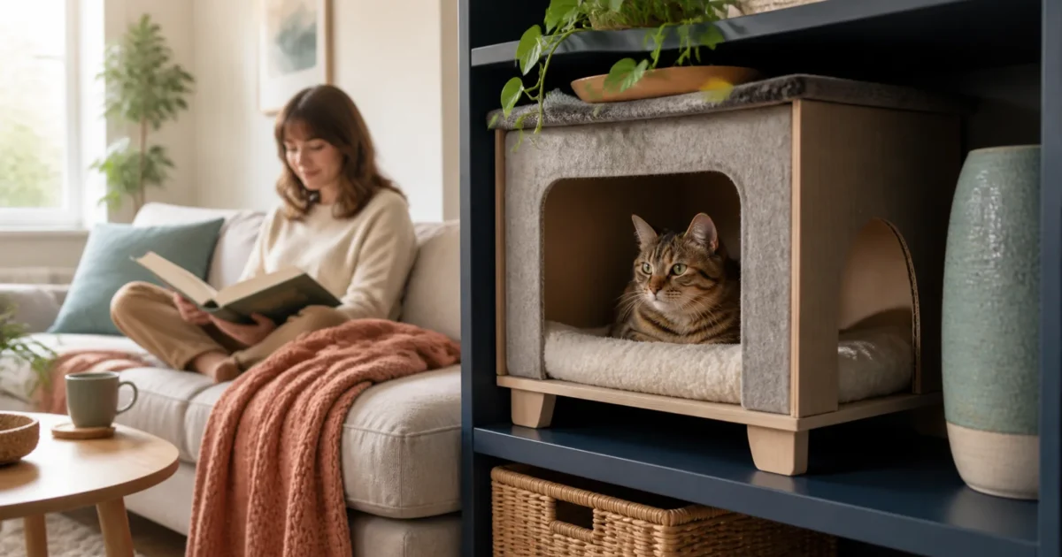 Relaxed brown torbie cat resting in an elevated open-front refuge while an owner sits at a respectful distance