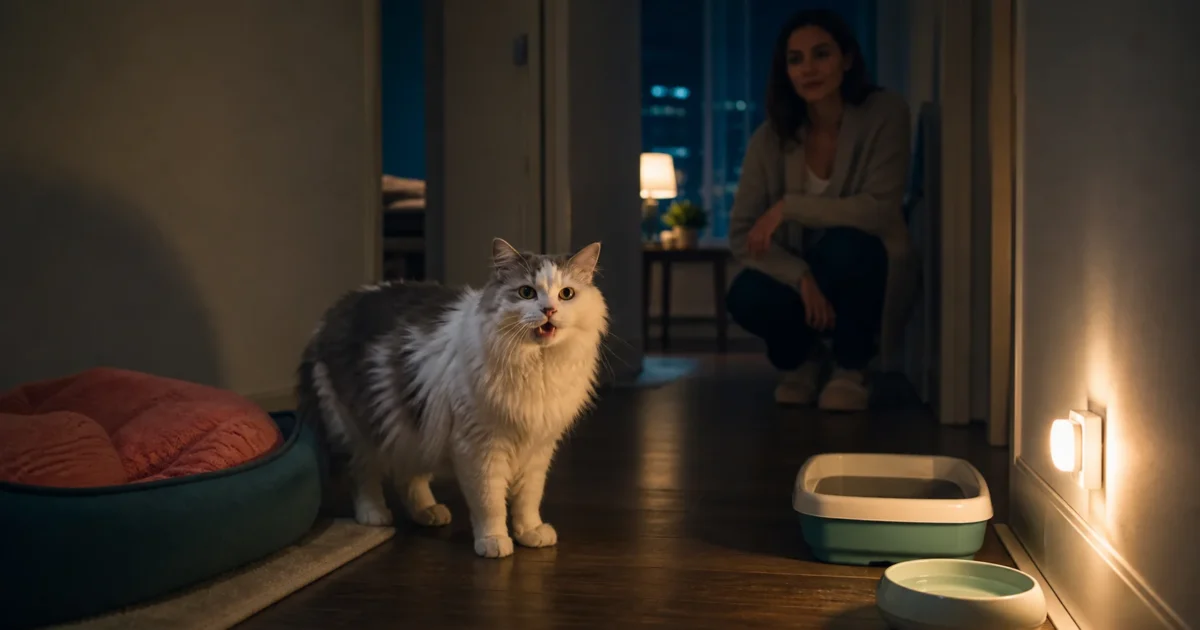 Senior white-and-gray cat vocalizing in a softly lit hallway while an owner observes calmly