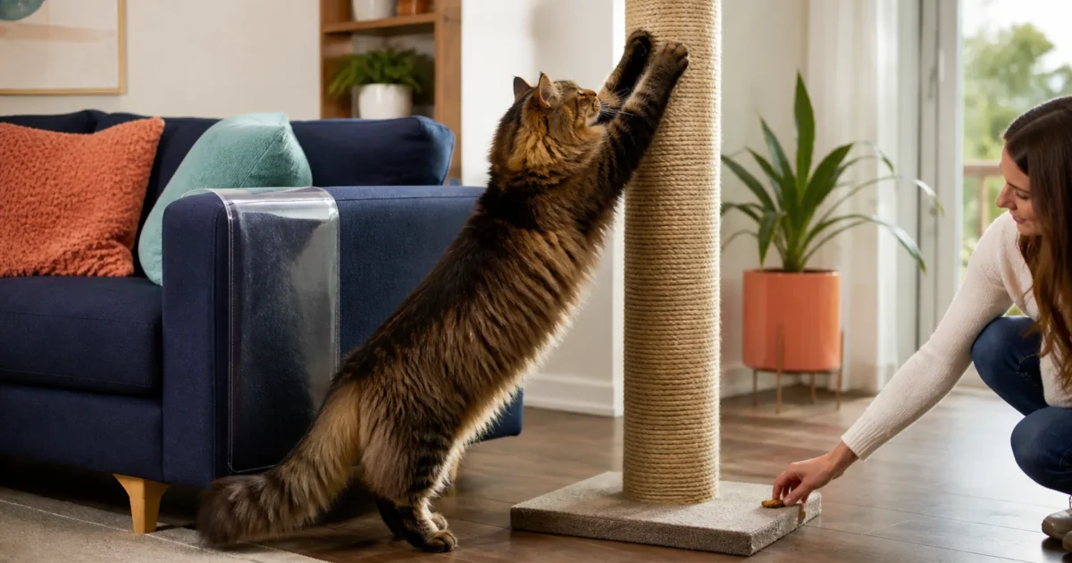 Maine Coon stretching fully on a tall stable sisal scratching post placed beside a protected sofa