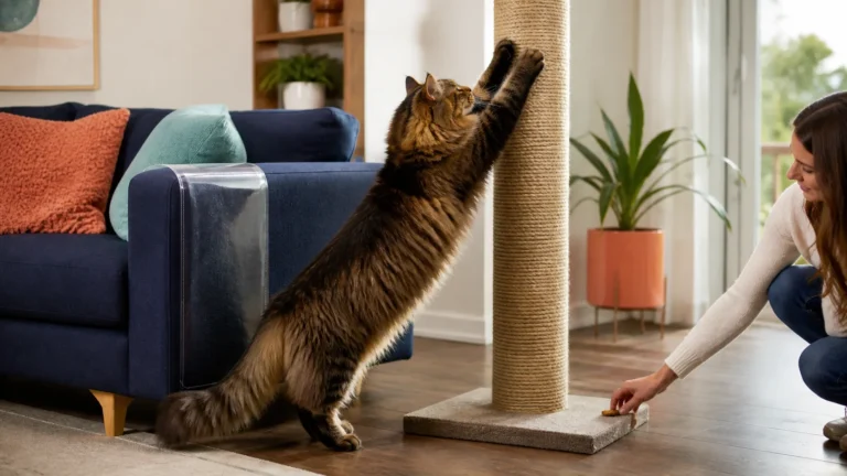 Maine Coon stretching fully on a tall stable sisal scratching post placed beside a protected sofa