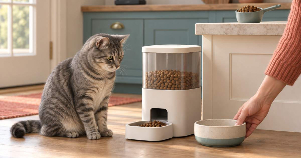 A cat beside an automatic feeder while a person prepares a separate bowl for manual feeding backup.