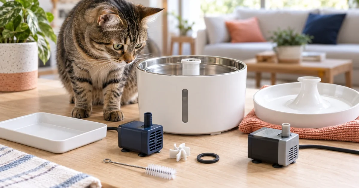 Tabby cat beside a disassembled cat fountain and replacement pump parts