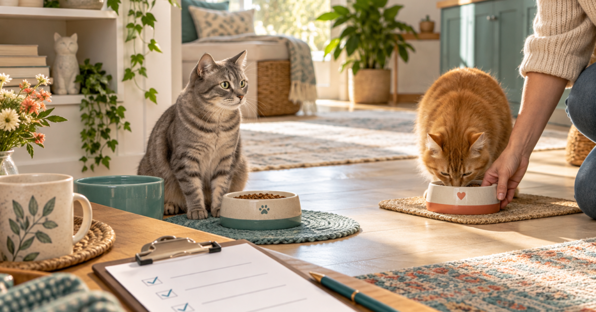 A cat sitter prepares separate feeding bowls for two cats beside a care checklist.