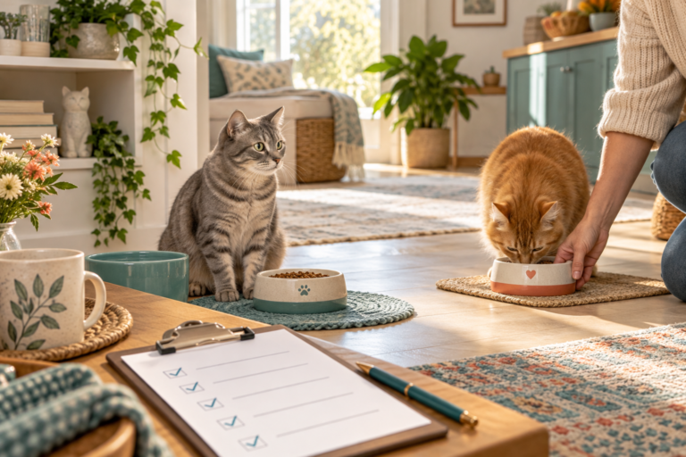 A cat sitter prepares separate feeding bowls for two cats beside a care checklist.