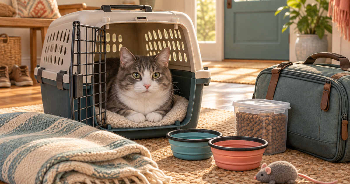 A cat rests in an open carrier at home beside a blanket, travel bowls and packed supplies.