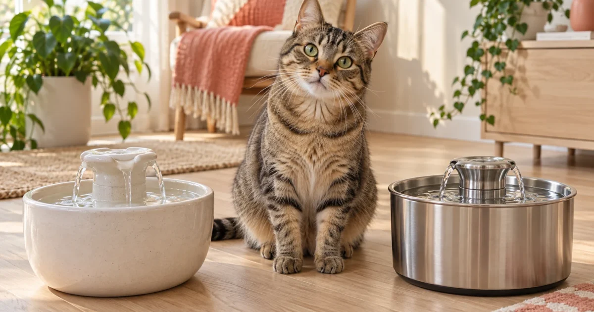 Tabby cat choosing between a ceramic and stainless steel water fountain