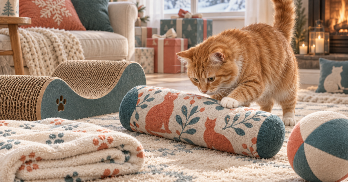 A ginger cat explores a fabric kicker toy beside a cardboard scratcher, play ball and blanket.