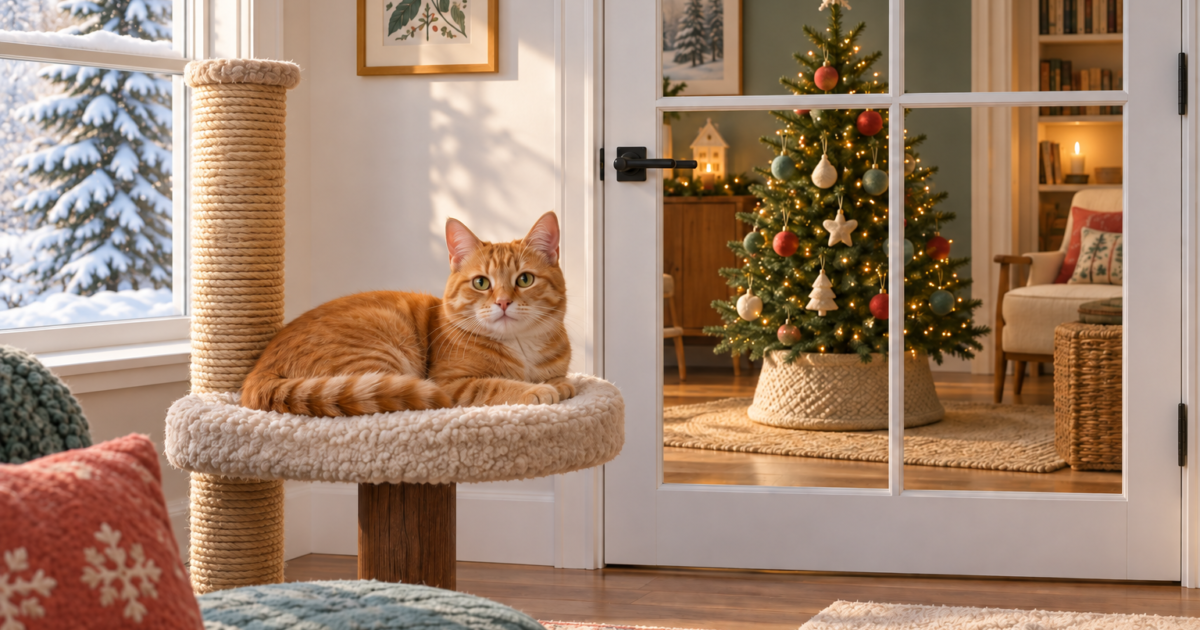 A ginger cat rests on a perch with the decorated Christmas tree behind a closed glass door.