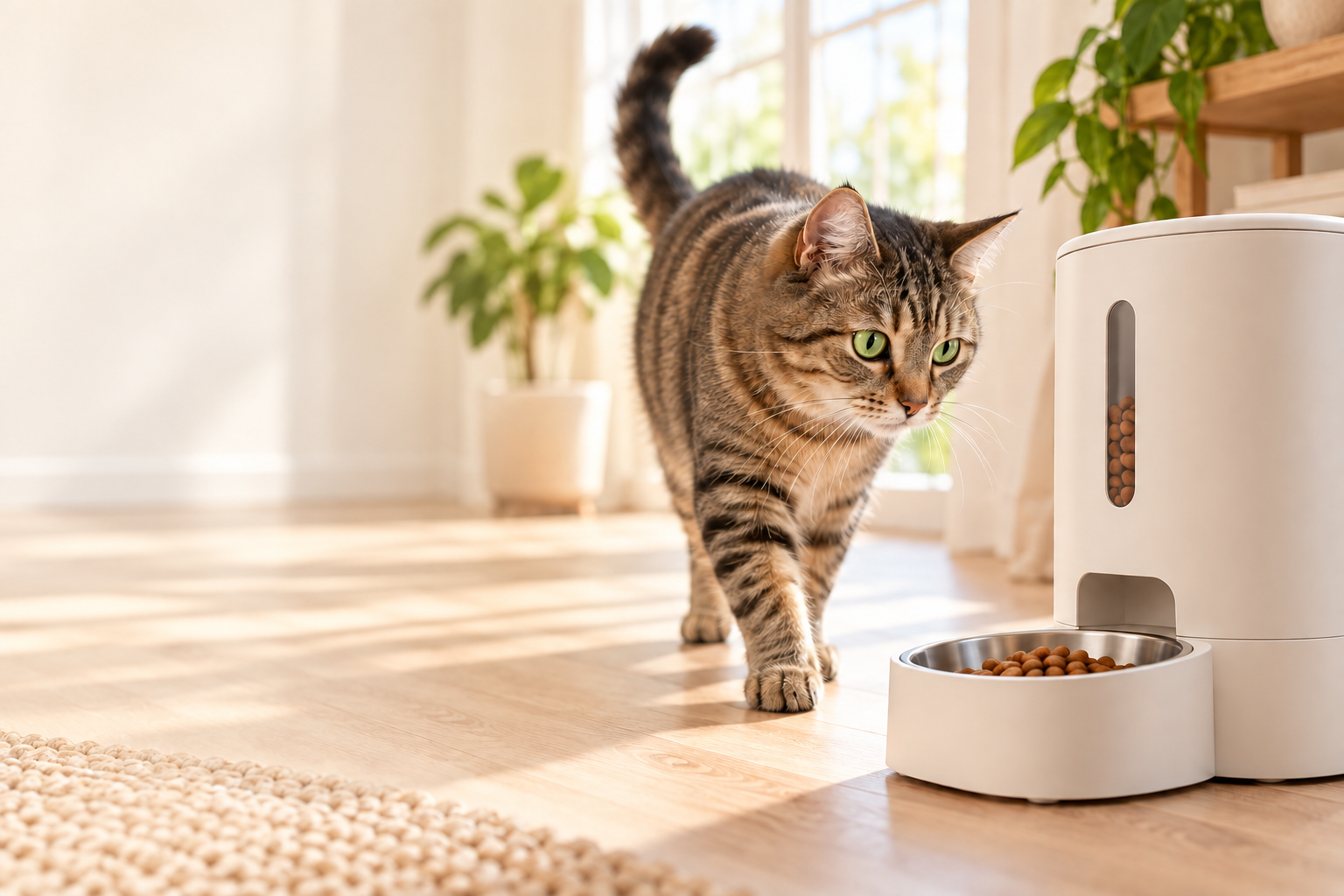 Tabby cat beside an unbranded automatic dry-food feeder in a bright home