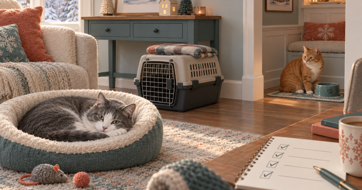 Cats relax in a prepared holiday home with a comfortable bed, water bowl, carrier and care checklist.