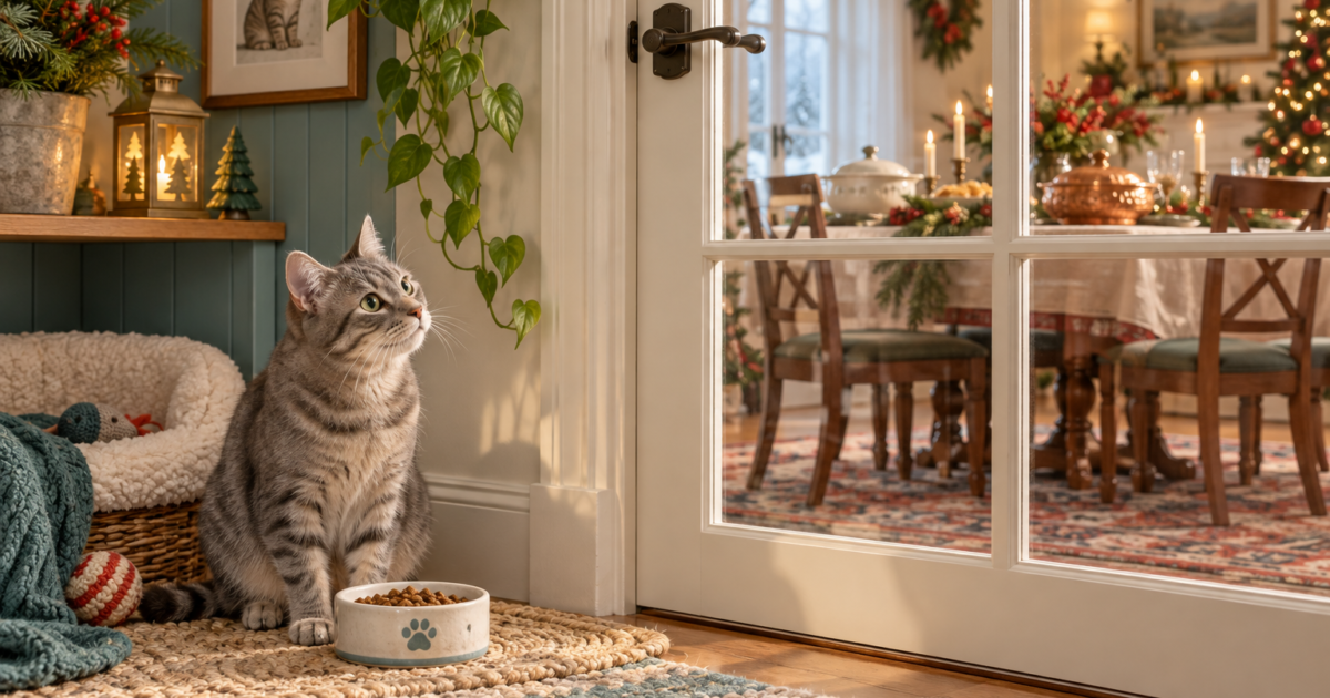 A cat eats in a separate feeding nook while holiday dishes remain behind a closed glass door.