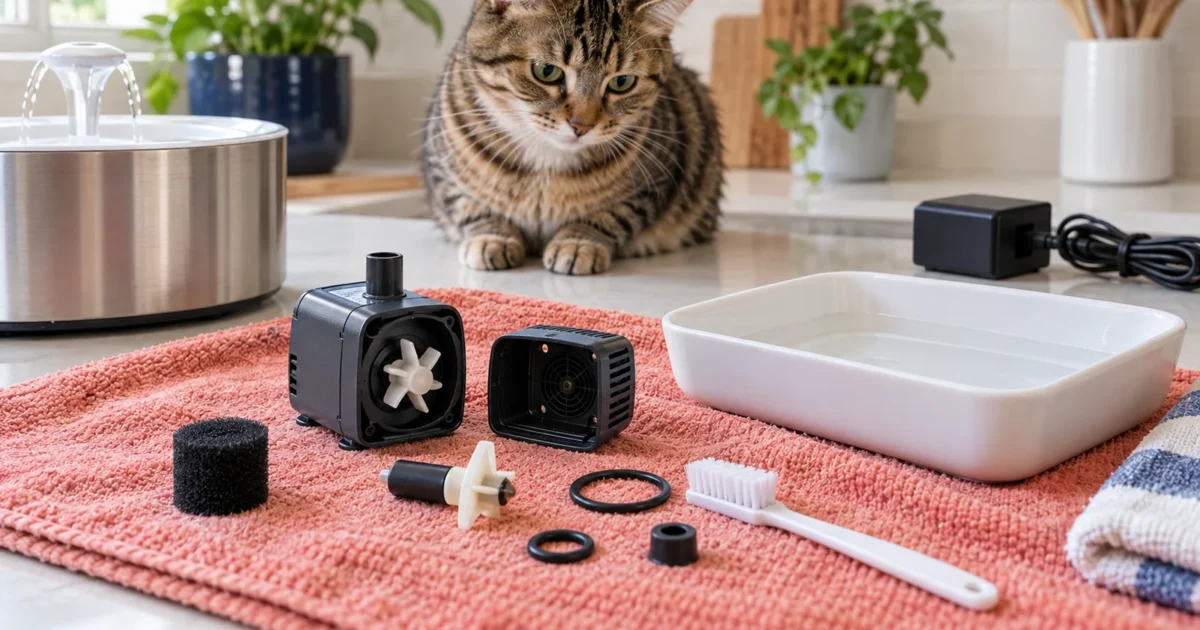 Tabby cat beside an opened fountain pump, impeller and cleaning brush